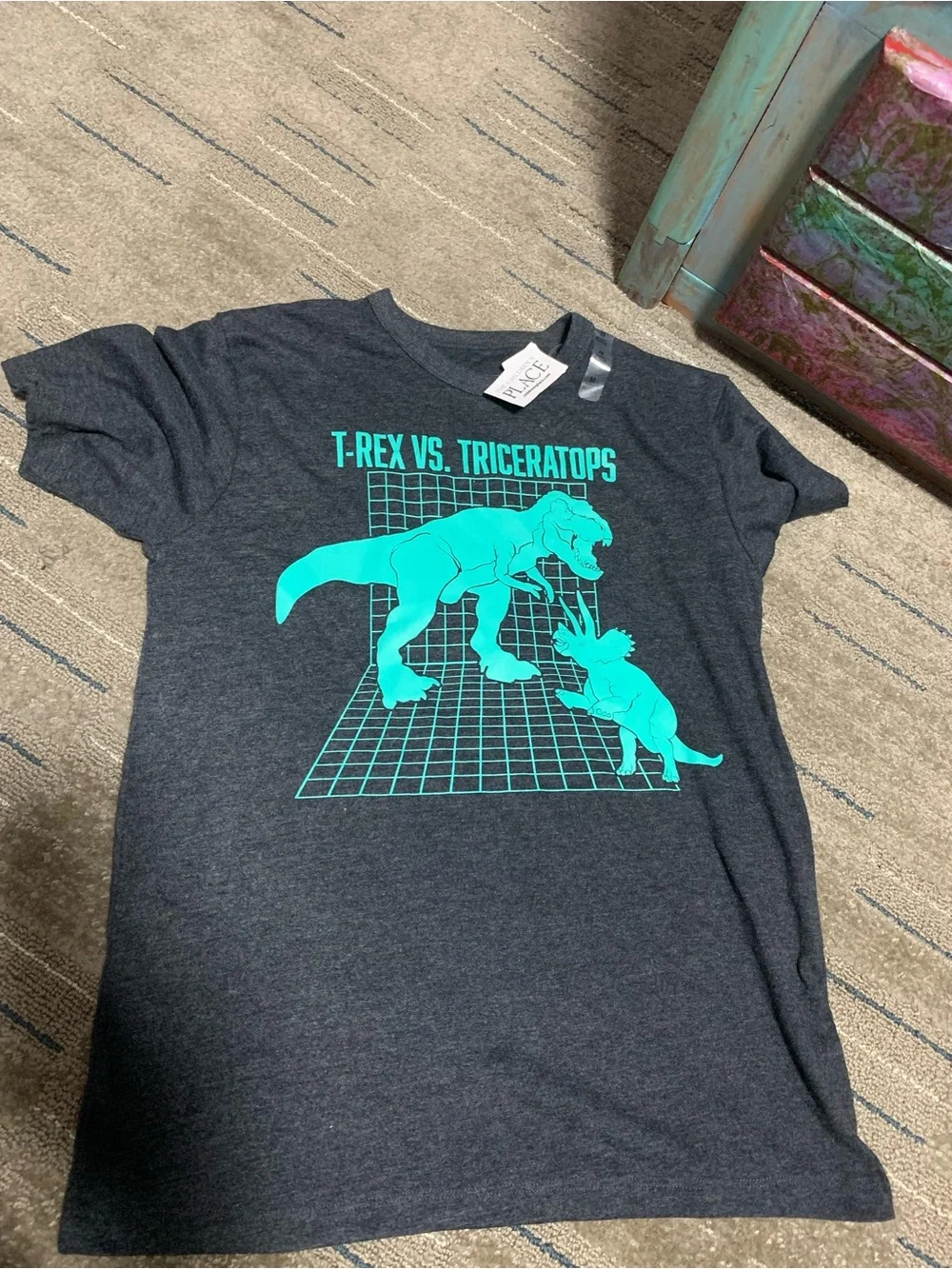 The Children's Place Charcoal Tee with Bright Teal Dinosaur Graphic